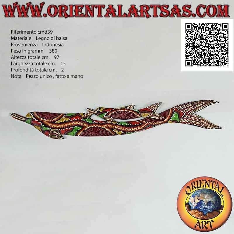 Dolphin couple mask with "Australian Aboriginal" mosaic decorations in balsa wood, 97 x 15 cm
