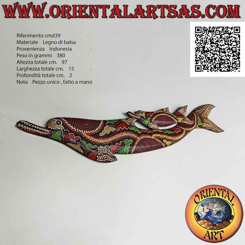 Maschera coppia di delfini con decorazioni a mosaico in stile "aborigeno australiano" in legno di balsa, 97 x 15 cm