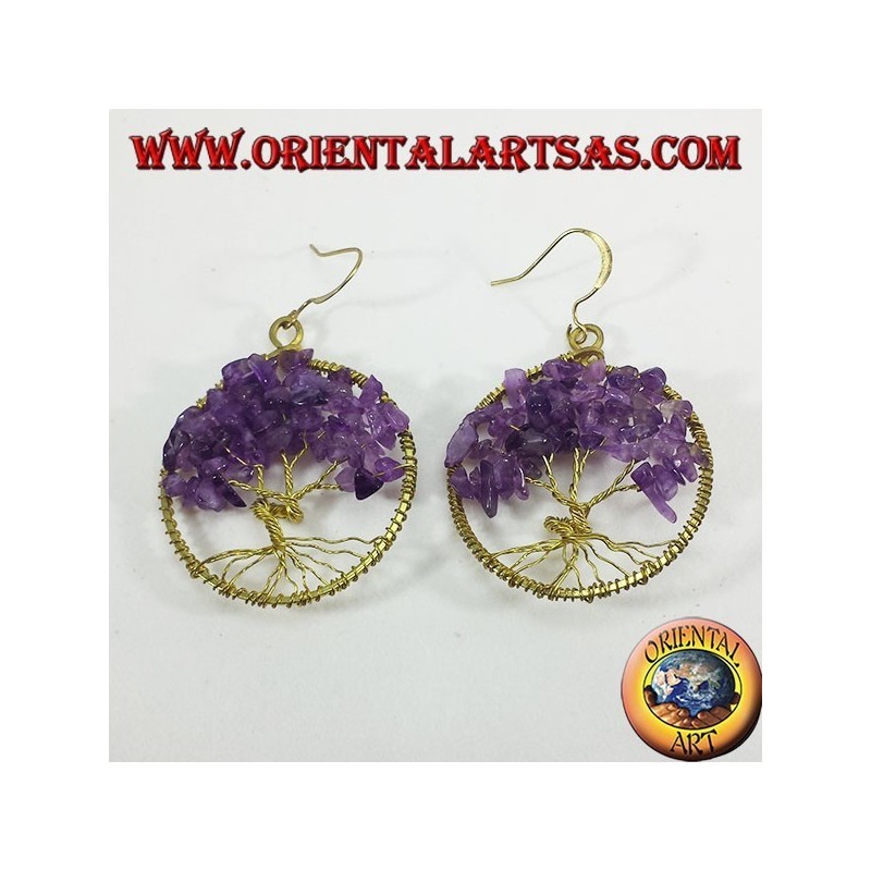 Boucles d'oreilles en laiton doré, arbre de vie avec Améthystes