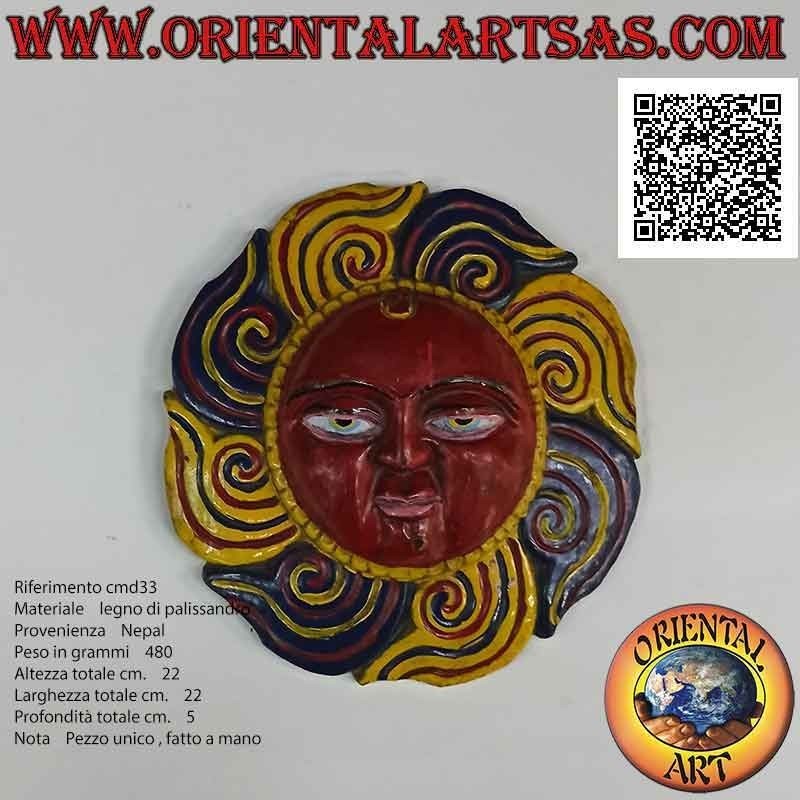 Maschera antica "sole nepalese" intagliata e dipinta a mano in legno di palissandro, 22 cm