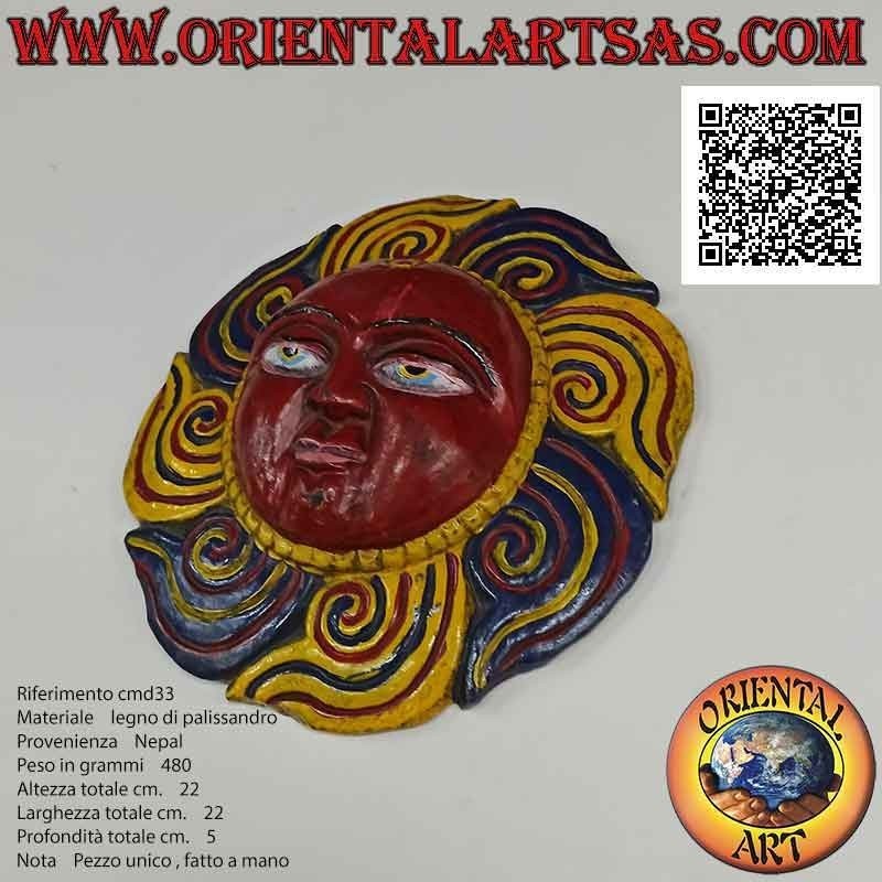 Antike Maske "Nepalesische Sonne" aus Palisander geschnitzt und handbemalt, 22 cm