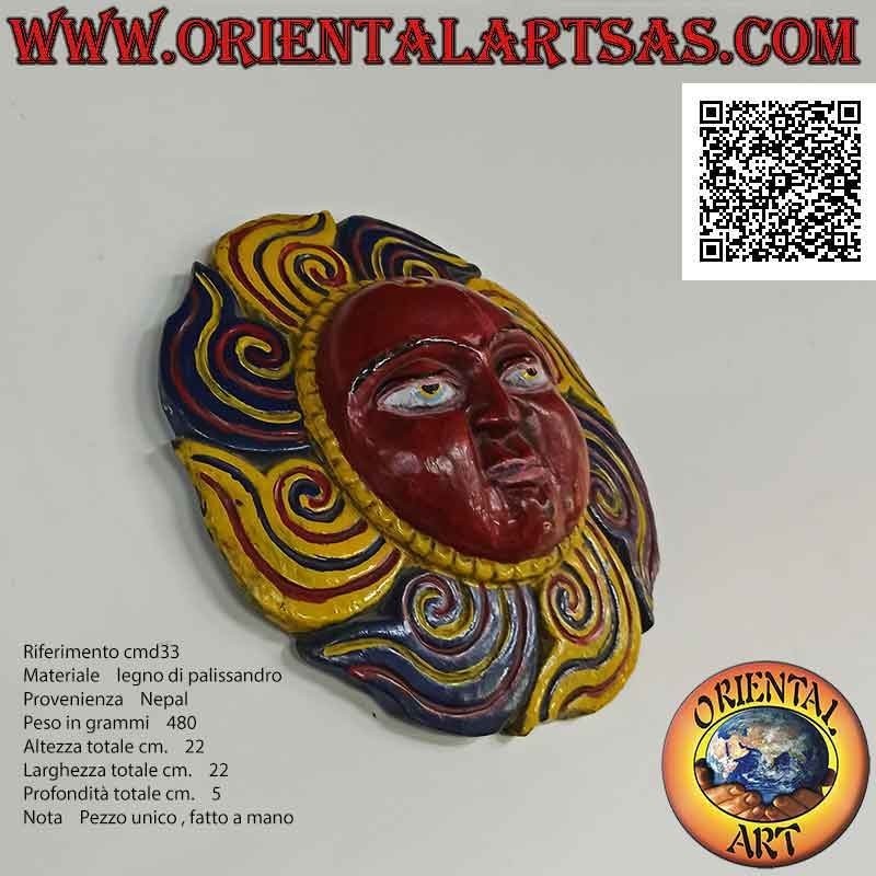 Máscara antigua "sol nepalí" tallada y pintada a mano en palisandro, 22 cm