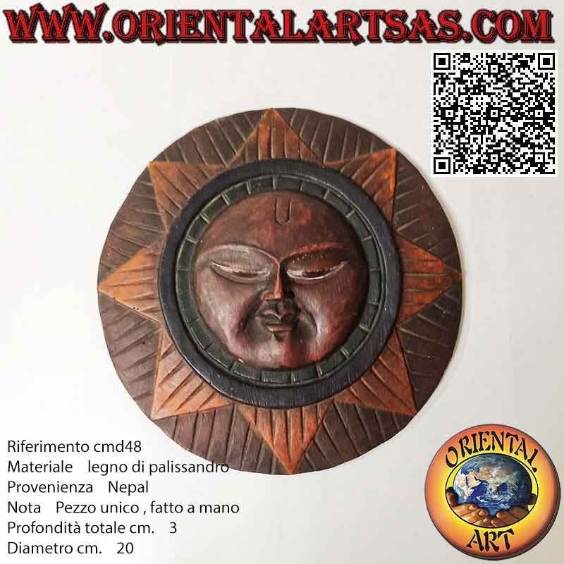 Antique round mask "Nepalese sun" carved and hand painted in rosewood, 20 cm