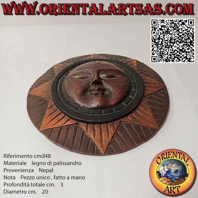 Maschera antica tonda "sole nepalese" intagliata e dipinta a mano in legno di palissandro, 20 cm