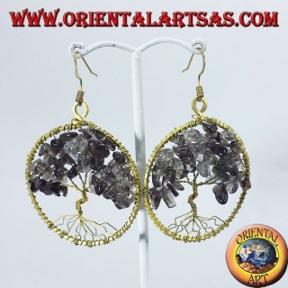 Goldene Ohrringe aus Messing, Baum des Lebens mit Rauchtopas