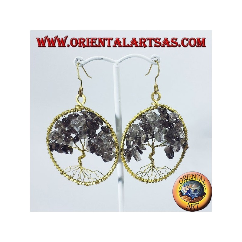 Goldene Ohrringe aus Messing, Baum des Lebens mit Rauchtopas