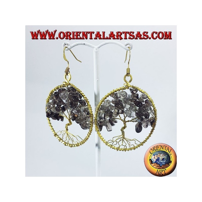 Golden brass earrings, Tree of Life with smoky topaz