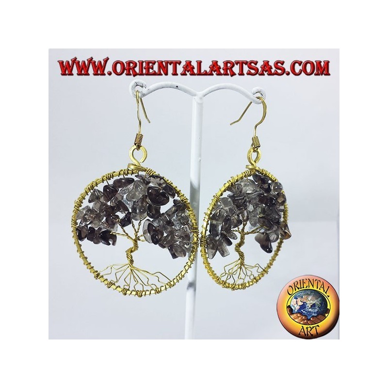 Pendientes de cobre amarillo de oro, árbol de la vida con topacio ahumado