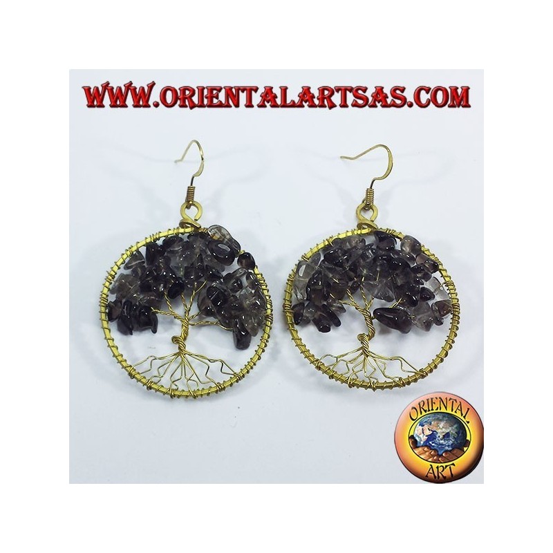 Golden brass earrings, Tree of Life with smoky topaz