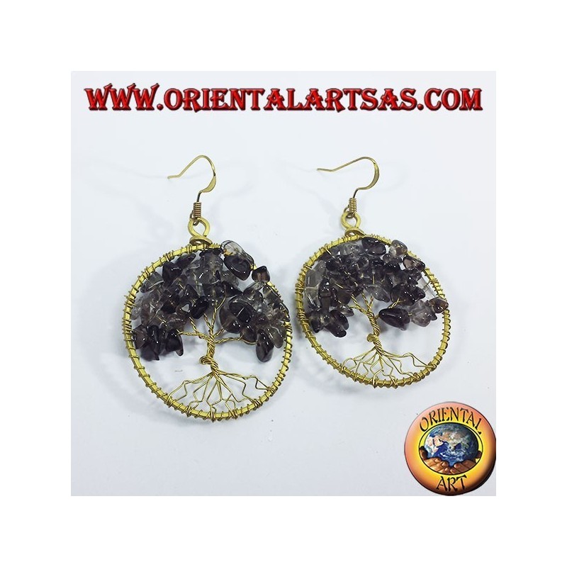 Golden brass earrings, Tree of Life with smoky topaz