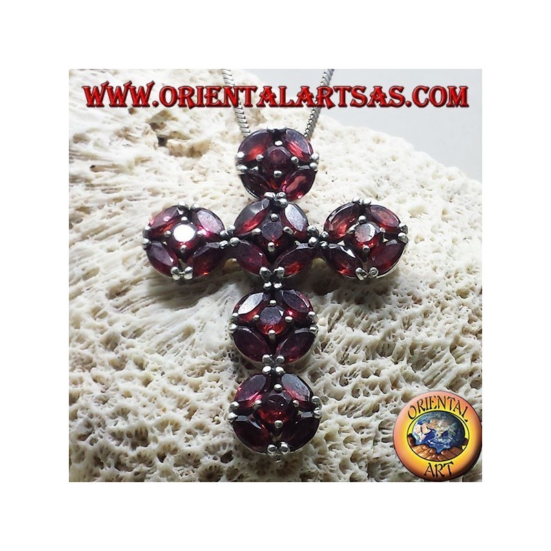 silver pendant, cross with garnets