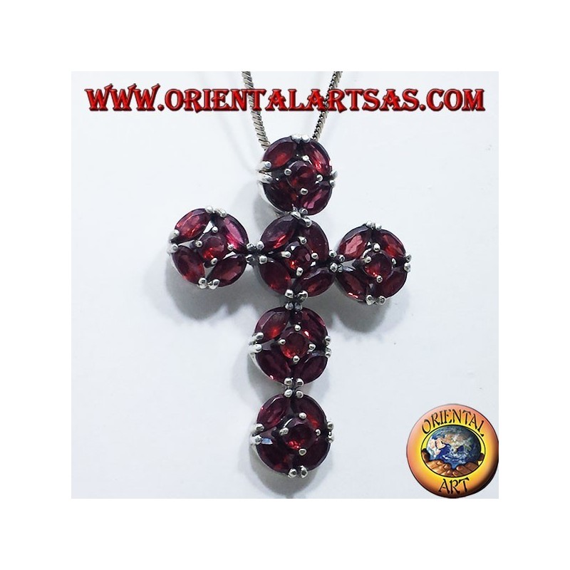 silver pendant, cross with garnets