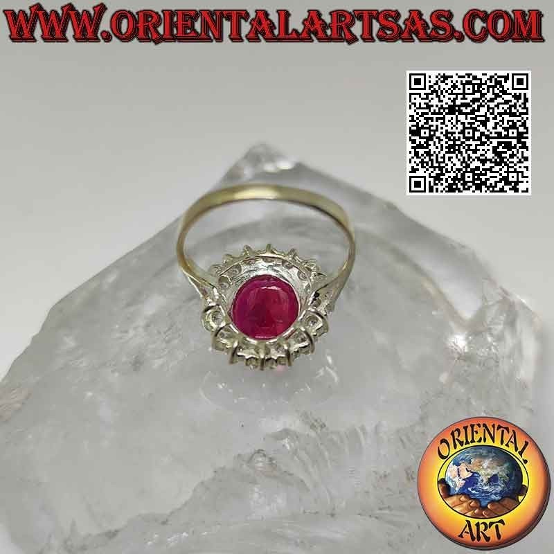 Bague en argent avec gros rubis synthétique ovale serti entouré de zircons blancs ronds