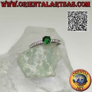 Solitaire silver ring with round synthetic emerald set and white zircons on the sides