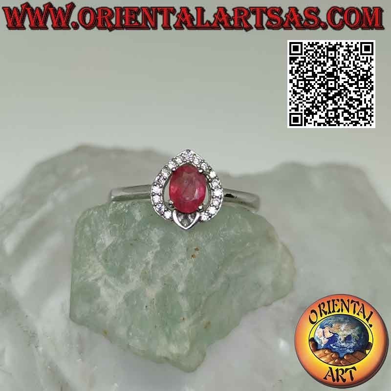 Heart solitaire silver ring with crown with natural oval ruby and zircons