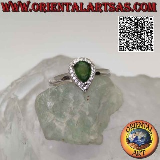 Solitaire silver ring with natural high drop emerald set surrounded by zircons