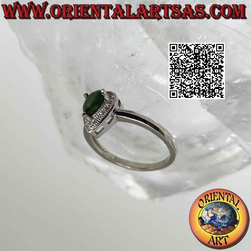 Solitaire silver ring with natural high drop emerald set surrounded by zircons