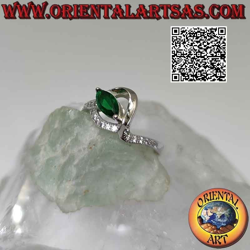 Silver ring with synthetic shuttle emerald set between two intertwined lines (smooth and with zircons)