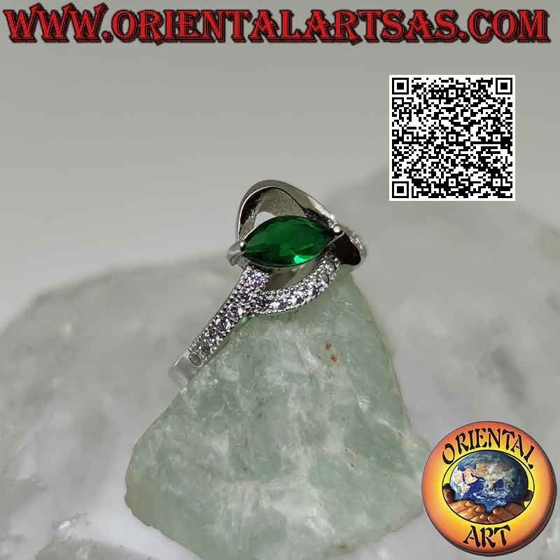 Silver ring with synthetic shuttle emerald set between two intertwined lines (smooth and with zircons)
