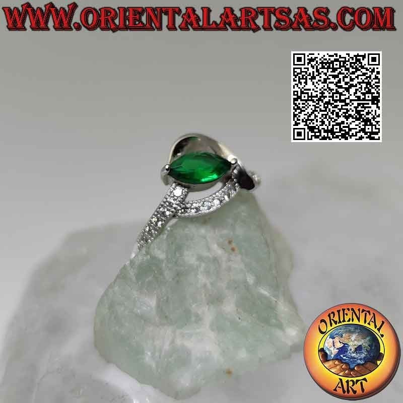 Silver ring with synthetic shuttle emerald set between two intertwined lines (smooth and with zircons)