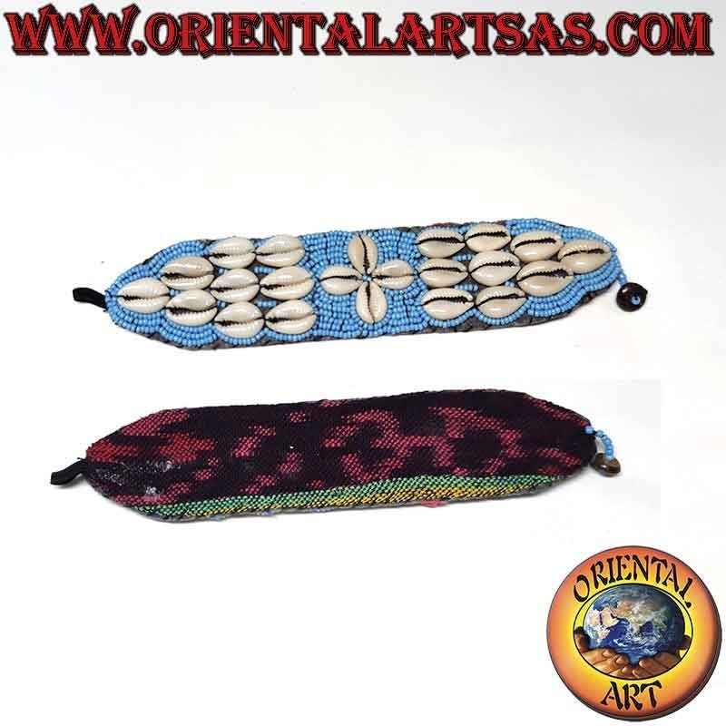 3 row bracelet with cauri shells and colored beads (button closure)