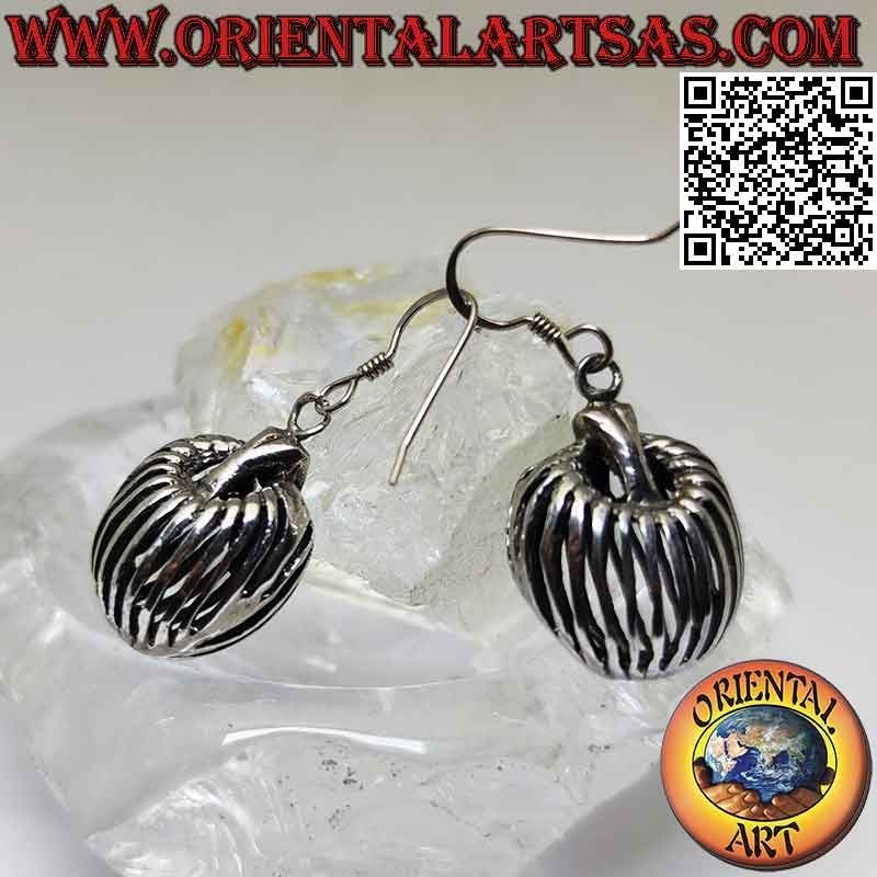 Silver leverback earrings with striped and perforated pendant bag