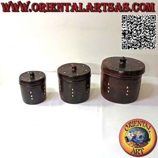 Lombok traditional cylindrical jar box in dark terracotta and white triangles