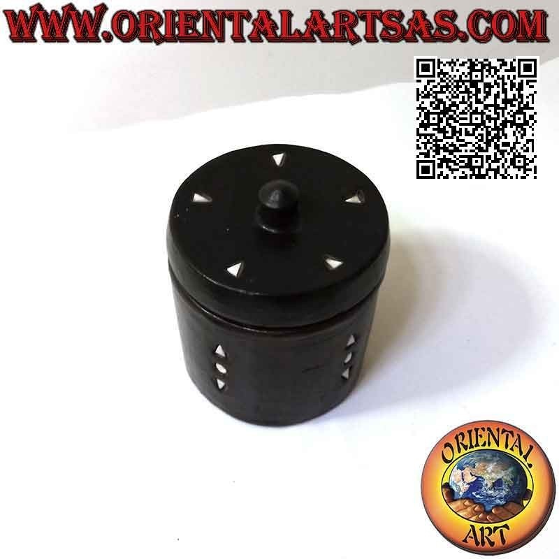 Scatola barattolo cilindrico tradizionale di Lombok in terracotta scura e triangoli bianchi