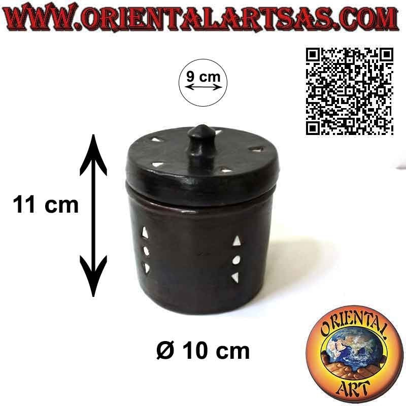 Lombok traditionelle zylindrische Glasdose in dunklem Terrakotta und weißen Dreiecken