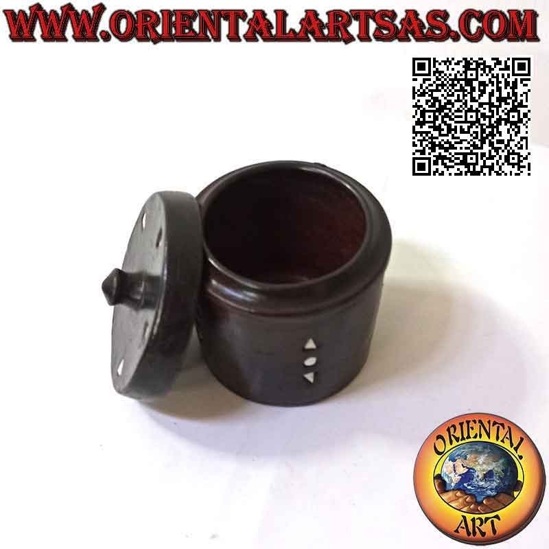 Scatola barattolo cilindrico tradizionale di Lombok in terracotta scura e triangoli bianchi