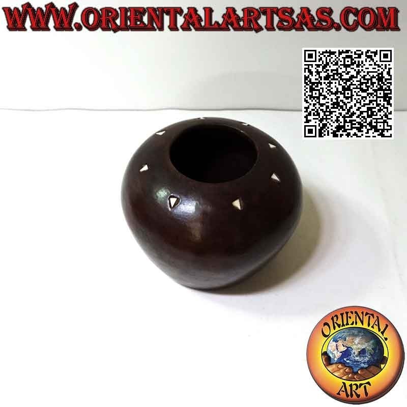 Dark terracotta Lombok traditional convex bowl with white triangles, handmade