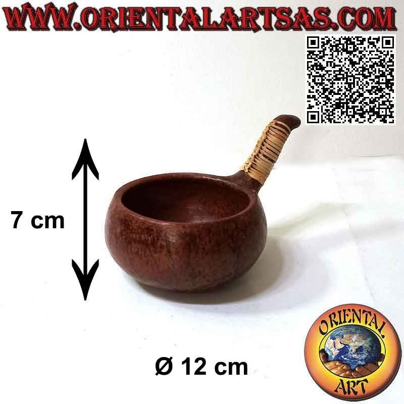 Ciotola aborigena di Lombok con manico (stile pentola) in terracotta e midollino
