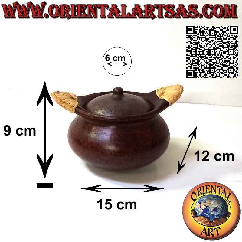 Pentola vaso tradizionale di Lombok in terracotta e maniglie di midollino, fatto a mano