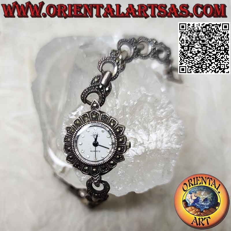 Montre ronde à quartz en argent 925‰ avec bracelet anneau serti de marcassite et de zircons sur le cadran