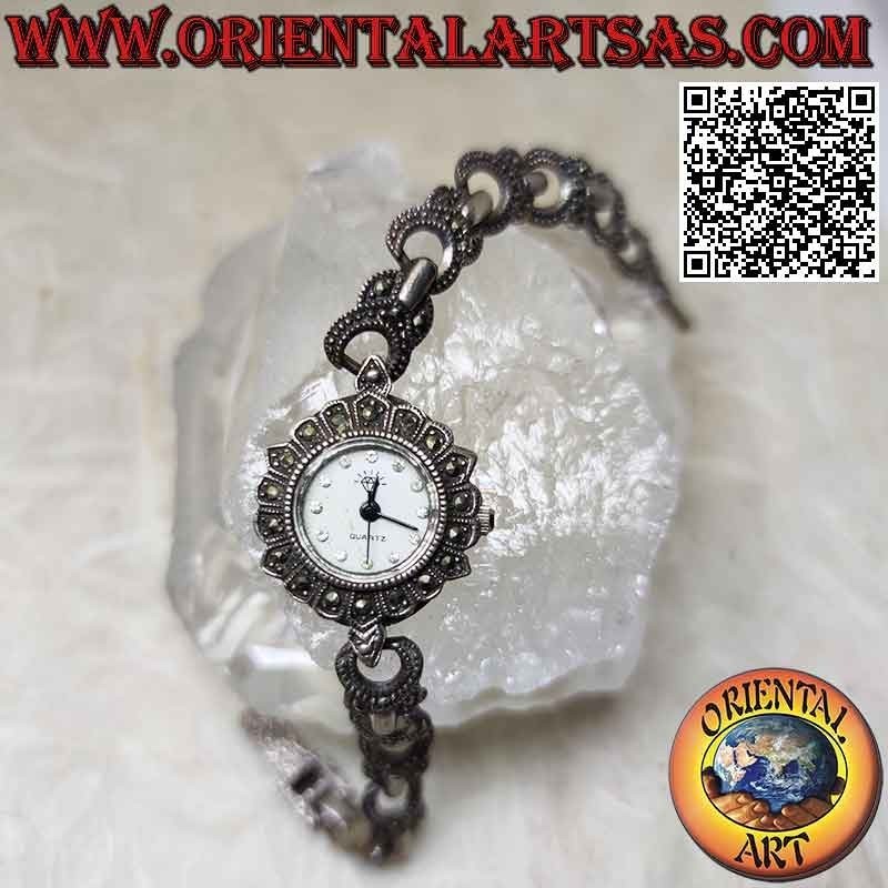 Round quartz watch in 925 ‰ silver with ring strap studded with marcasite and zircons on the dial