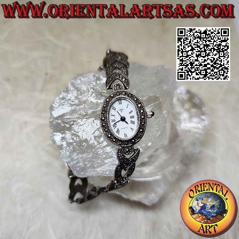 Ovale Quarzuhr in 925 ‰ Silber mit markasitbesetztem Bügelarmband