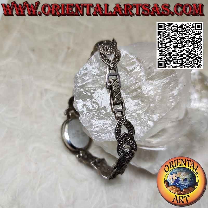 Oval quartz watch in 925 ‰ silver with marcasite-studded bow strap