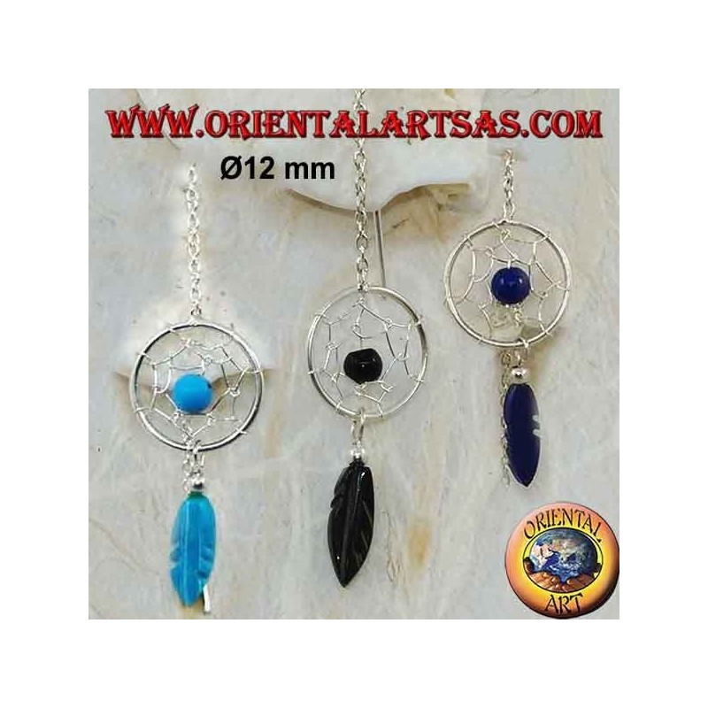 Silver chain earrings with dream catcher with 8 cm semiprecious stone