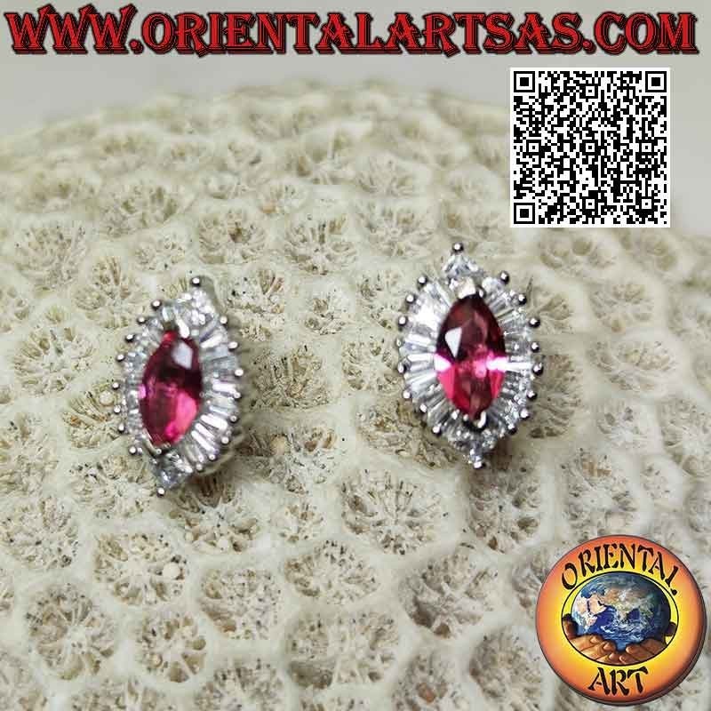 Silver earrings with synthetic ruby shuttle set surrounded by white zircons with baguette and round cuts