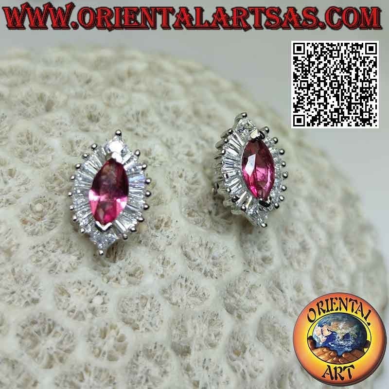 Silver earrings with synthetic ruby shuttle set surrounded by white zircons with baguette and round cuts