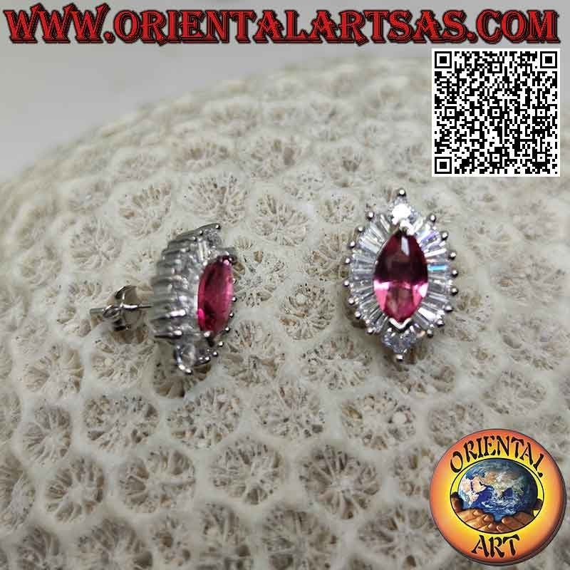 Boucles d'oreilles en argent avec navette en rubis synthétique sertie entourée de zircons blancs avec coupes baguette et ronde