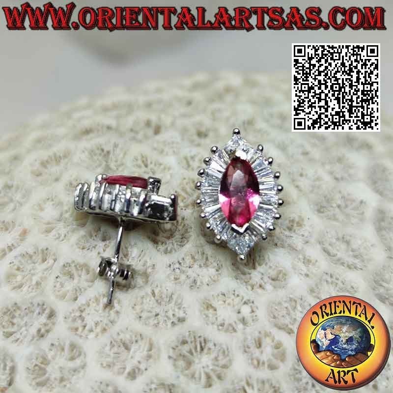 Silver earrings with synthetic ruby shuttle set surrounded by white zircons with baguette and round cuts