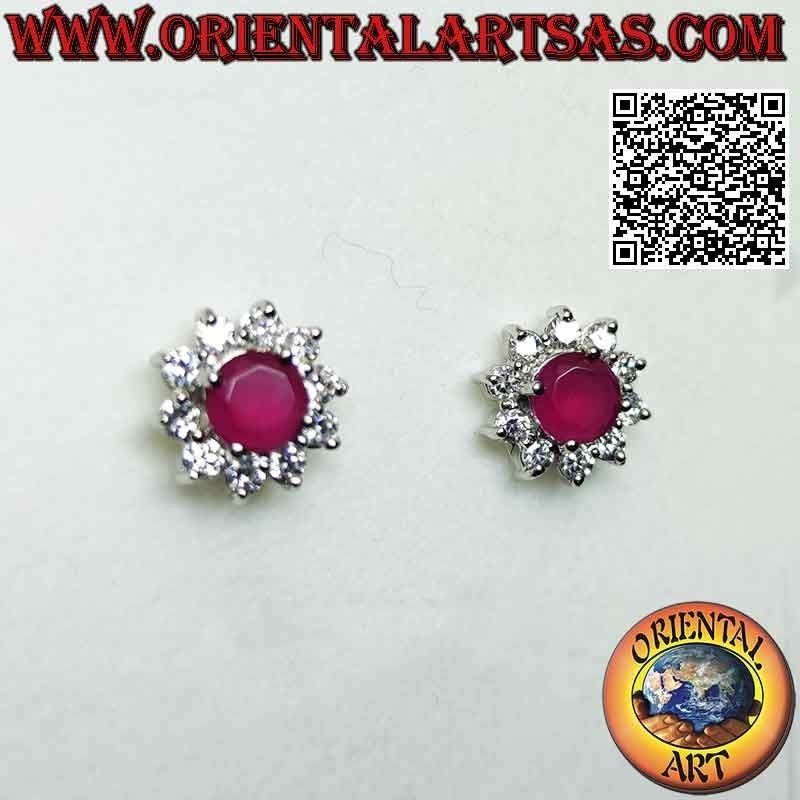 Silver earrings from lobe to flower with round synthetic ruby set surrounded by white zircons