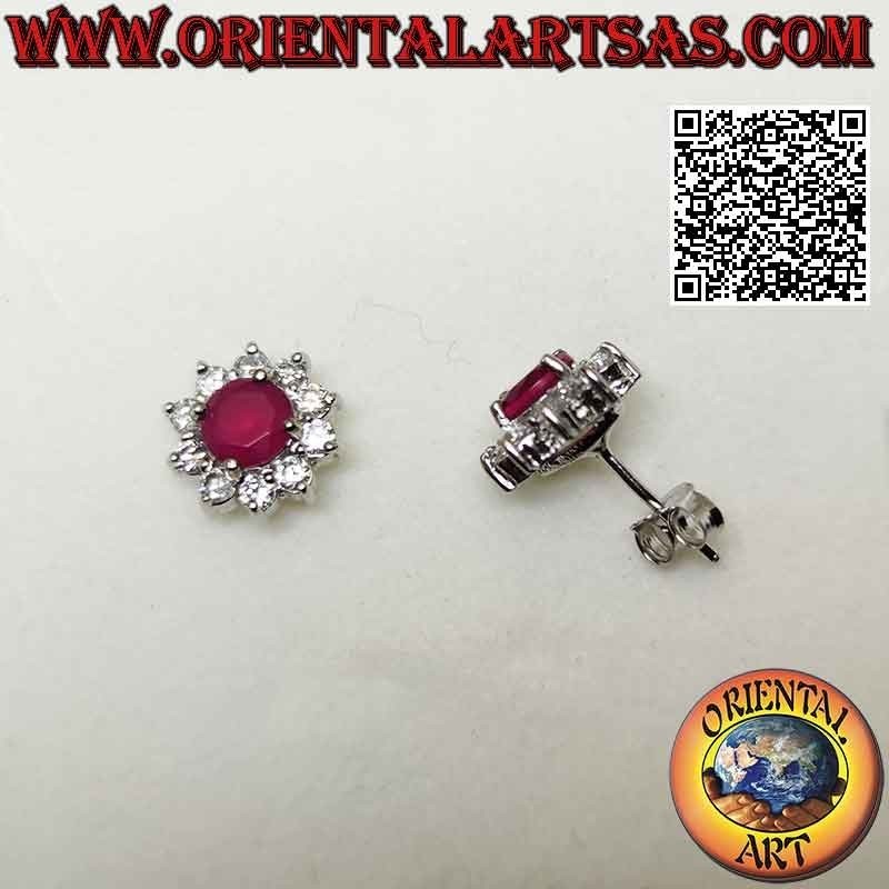 Silver earrings from lobe to flower with round synthetic ruby set surrounded by white zircons
