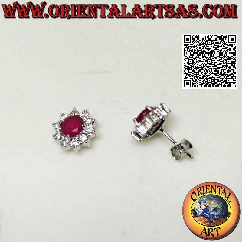 Silver earrings from lobe to flower with round synthetic ruby set surrounded by white zircons