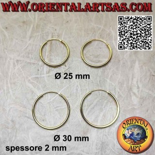 2mm thick gold plated smooth hoop silver earrings 25mm Ø and 30mm Ø