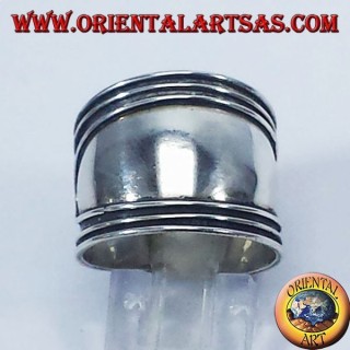 Anello fascia larga in argento, Bali con righe ai bordi