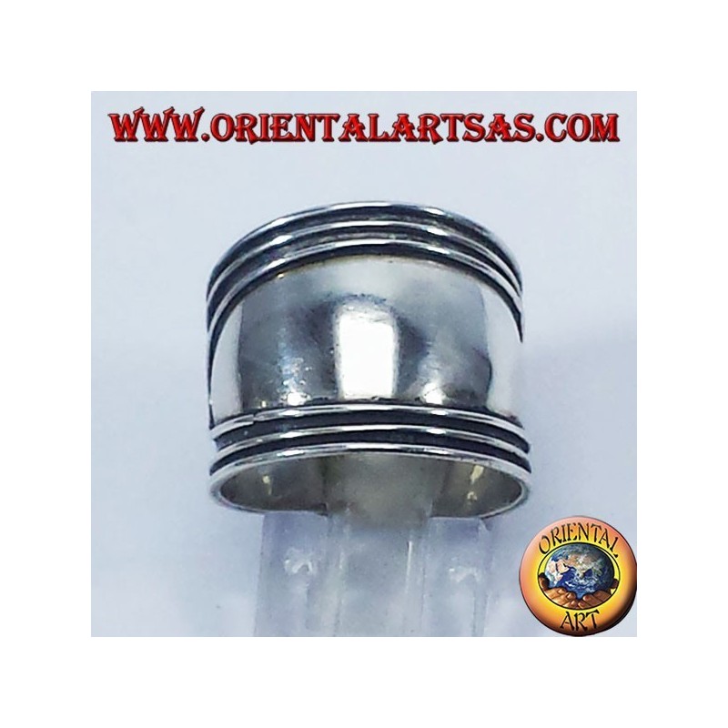 Silver wide band ring, Bali with stripes at the edges