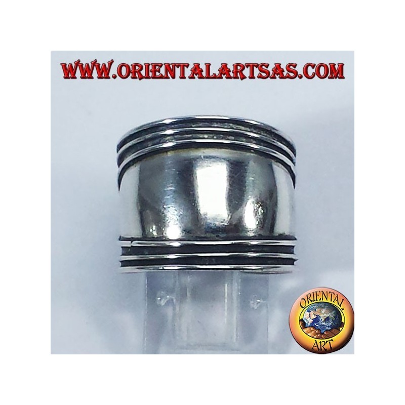 Silver wide band ring, Bali with stripes at the edges