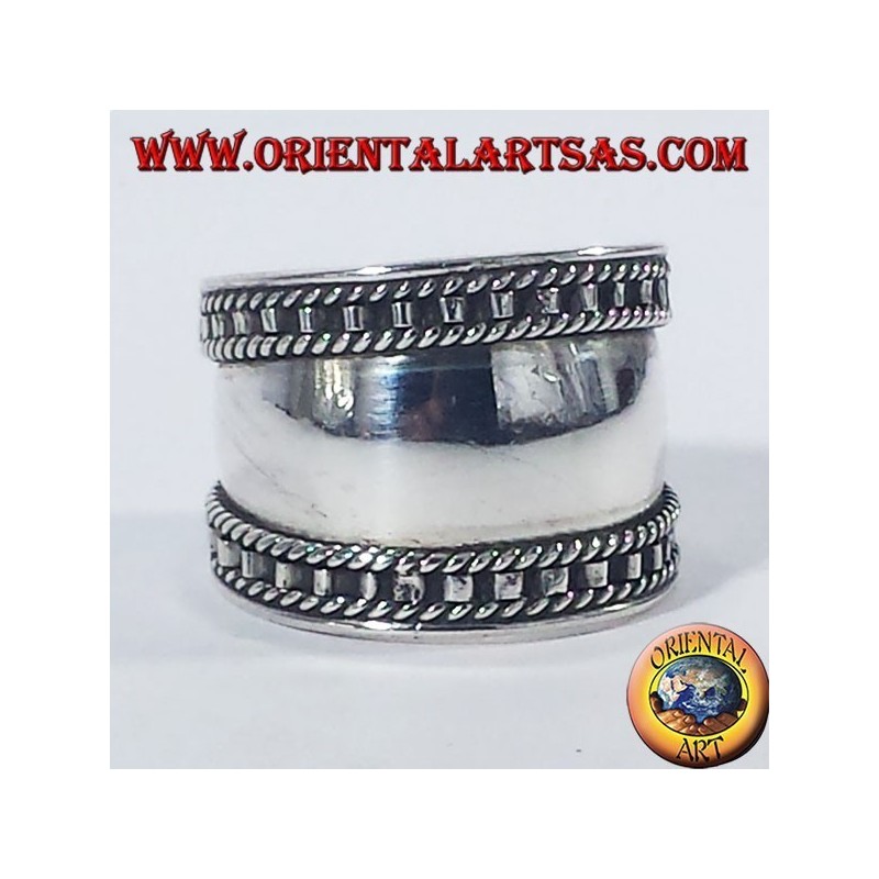 Silver wide band ring, Bali with the step edge